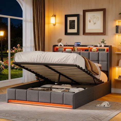 Lit Adulte 140x200 cm avec Sommier - Lit coffre avec Rangement - Lit 2 Personnes avec LED - Prise USB Tpye C Intégrée - Lin - Gris (1/5)