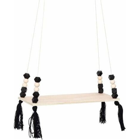Étagère en Bois Suspendue, Corde à Suspendre en Bois, Étagère de Balançoire, Triangle Ajustable Flottantes en Corde Balançoire avec Pompon pour Plante, Bougies, Chambre, Fenêtre, Jardin (Noir) (1/5)