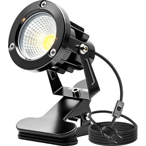 Projecteur LED à pince avec prise et interrupteur, étanche IP65, 10 W, pour plantes, usage intérieur et extérieur. Câble de 1,5 m et prise pour jardin/terrasse(Blanc froid) (1/5)