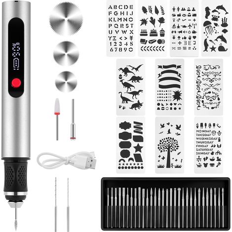 Stylo de Gravure Électrique, Stylo de Gravure Sans Fil Rechargeable USB, 30 Bits, 10 Pochoirs et 3 Lames de Scie, Trois Vitesses, Stylos de Gravure Sur Bois Portable, pour Verre Plastique (1/5)
