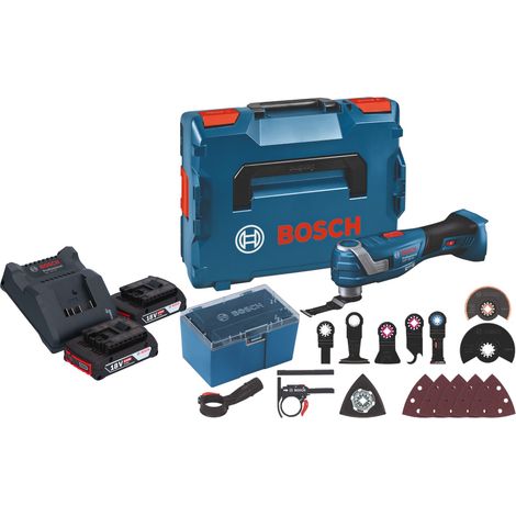 Bosch GOP 18V-34 Professional Akku Multi Cutter 18 V Starlock Plus + 2x Akku 2,0 Ah + Ladegerät + 17 tlg. Zubehör + L-Boxx