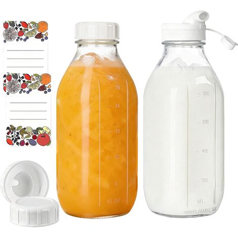 Lot de 2 Bouteilles de Lait 1L avec Couvercle et Autocollant, Bouteilles en Verre avec Bec Verseur en Silicone, Bouteilles verre pour le Lait Frais, les Smoothies, les Jus, le Kombucha, le Miel (1/5)