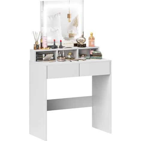 White Storage Dressing Table with LED Lighted Mirror for Stylish Bedroom Organization