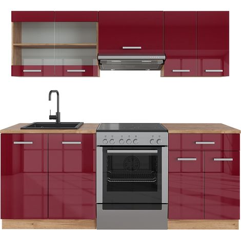 Cucina componibile R-Line, Bordeaux lucido/rovere dorato, 200 cm , PL Rovere, Vicco