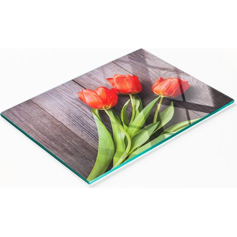 Stilvolle und robuste Glasplatte mit rotem Tulpenmuster, 80 x 52 cm (1/5)