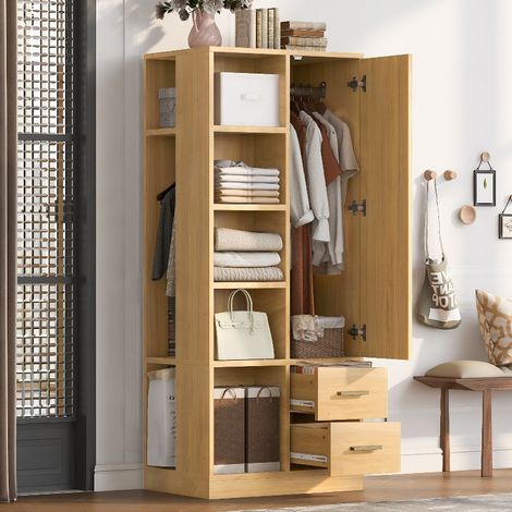Schmaler Kleiderschrank eintürig mit 2 Kleiderstangen und Schubladen, 70x50x170 cm, Garderobenschrank in Naturholzfarbe für kleine Räume (1/5)