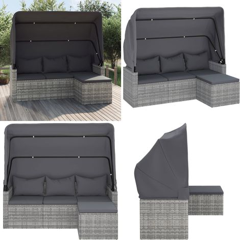 Canapé de jardin 3 places avec toit et repose-pieds Gris - Canapé De Jardin - Mobilier De Jardin - Salon De Jardin - Chaise Lounge - Résine Tressée - Home & Living (1/5)