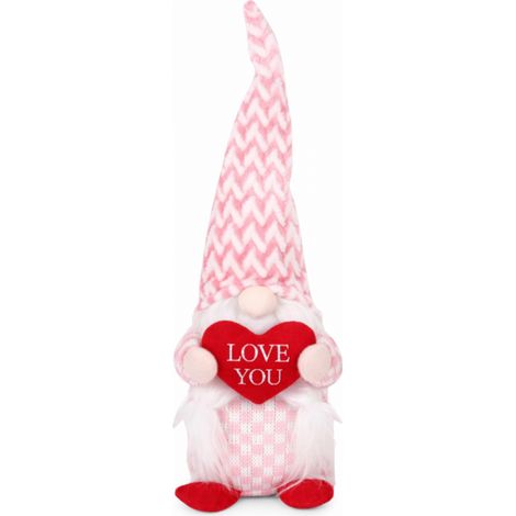 Gnomo di San Valentino, statuina seduta rosa, con cuore LOVE ME KSN60