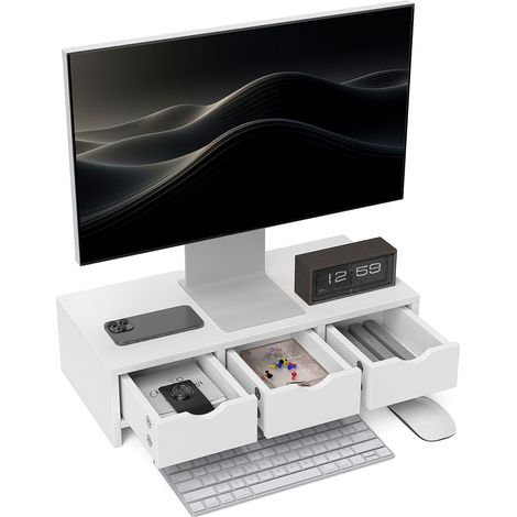 Monitor Stand Riser with 3 Drawers, Monitor Riser for Laptop, Computer, PC, Small Printer, 51 x 24 x 13cm, White