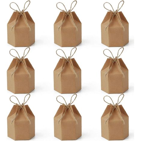 Lot de 50 boîtes cadeaux en papier kraft hexagonales en forme de lanterne, avec ficelle, pour emballer bonbons et chocolats, idéales pour les mariages, les fêtes et Noël (marron). (1/5)