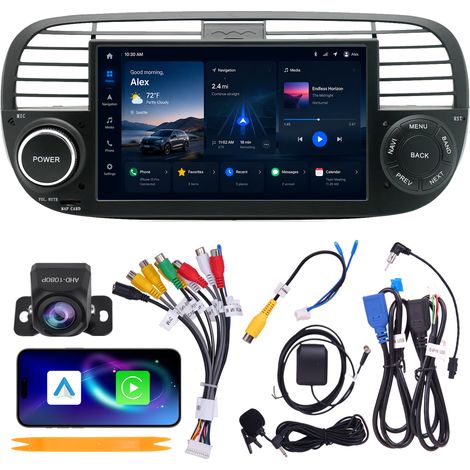 Autoradio 7" Fiat 500 2007-2015 Android 15 Quad-Core 4+64 Go CarPlay Android Auto WiFi 6 Bluetooth GPS Caméra AHD (1/5)