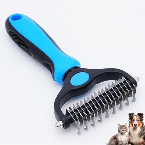 Outil de toilettage Pet Pro, râteau de sous-poil double face pour chiens et chats, brosse de deshedding professionnelle et outil de dématage pour fourrure à poils longs et courts (Bleu,L) (1/5)