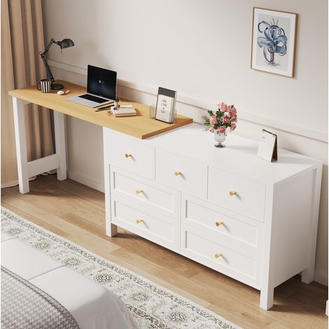 MODFU – Scrivania angolare girevole 360° 120x40x70 cm con cassettiera a 7 cassetti in truciolato per ufficio o camera – Bianco/rovere (1/5)