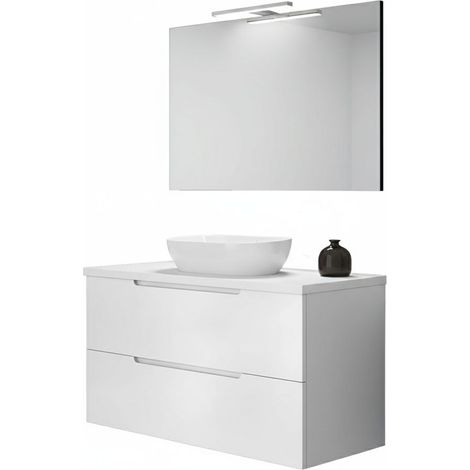 Kibath Mueble de baño con Lavabo, Espejo y Aplique LED VICTORIA 100x45 cm acabado Blanco mate 2 cajones suspendido