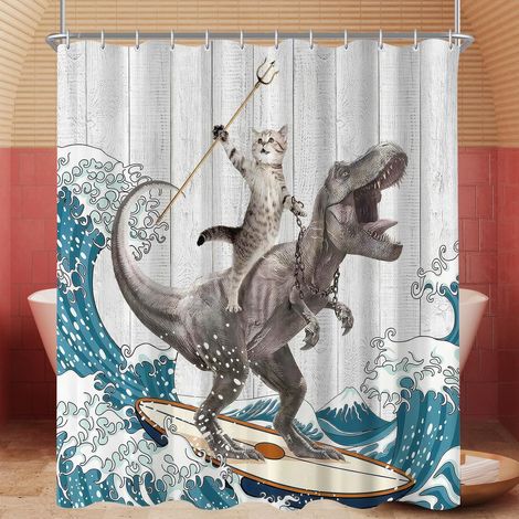 Rideau de douche 150x200 cm, motifs chats et dinosaures, avec ourlet lesté, anti-moisissure, hydrofuge, lavable, en polyester, avec 12 œillets et anneaux pour rideau de douche, pour salle de (1/5)