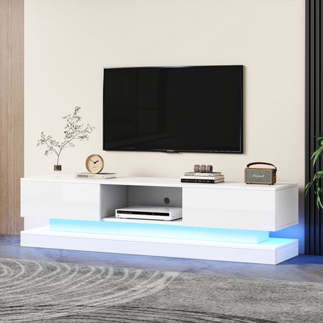 160×35×40,5 cm Meuble TV blanc brillant avec éclairage LED, 2 tiroirs, contrôle via application, système anti-basculement, pour téléviseurs jusqu’à 60 pouces
