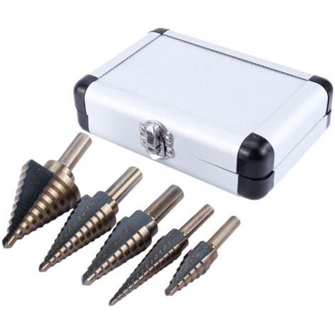 5Pcs HSS Forets étagé Titanium Mèche conique Trépan à redan kit Outil électrique avec Boîte range (1/4)