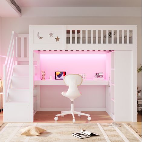 Cama alta infantil 90x200 cm de madera blanca con escritorio LED - MEUBLIV (1/5)