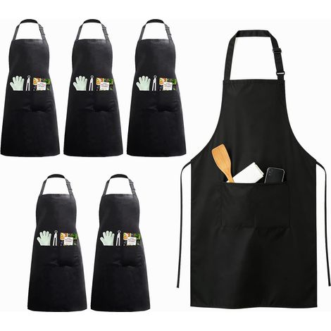 6 Tabliers de Cuisine 70x80cm avec 2 Poches, Unisexe Homme Femme, Tour de Cou Réglable, Noir, pour Cuisiner Restaurant BBQ Pâtisserie Chef Peinture Ménage (1/5)