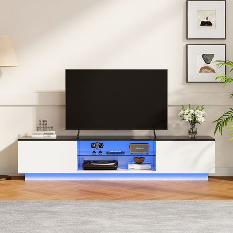 Mueble TV blanco - 160x32x35 cm - iluminación LED ajustable - almacenaje integrado y estantes abiertos (1/5)