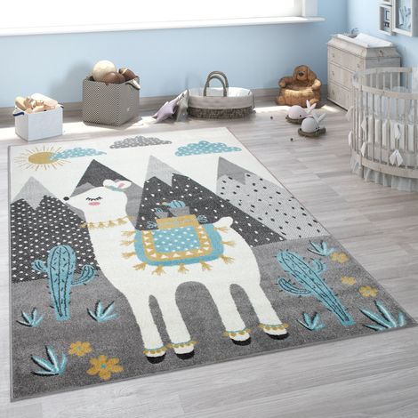 Paco Home Kinderteppich, Teppich Kinderzimmer Lama Berge Kinder-Motiv, Grau Türkis Gelb 120x160 cm