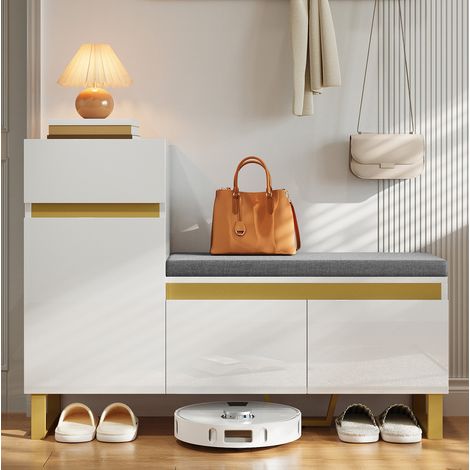 Schuhschrank aus MDF in Weiß Hochglanz mit Sitzbank, 1 Schublade, Türen und offenem Fach 120 x 35 x 85 cm (1/5)