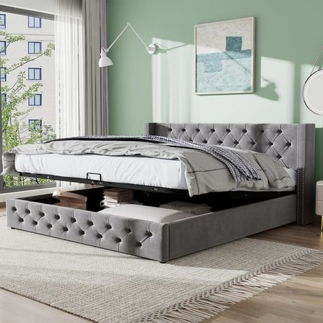 Cama de 140 x 190 cm, cama 140x190 con somier, cama doble, marco de cama, con cabecera, Gris, terciopelo (1/5)