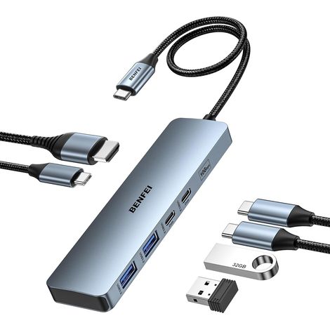 HUB USB C HDMI 4K 60Hz avec 10Gbps USB-A USB-C, PD100W, Adaptateur USB C vers HDMI USB 3.2 Compatible avec iPhone 16 Plus Pro Max 15 MacBook iPad Pro Air Surface Galaxy S24 Steam Deck (1/5)