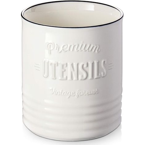 Porte Couverts en Céramique, 18,0 x 15,8 cm Grand Pot à Ustensiles de Cuisine, Support à Vaisselle Ustensile, Seau à Glace, Corbeilles à Pain, Organiseur, Vase Vintage Déco Intérieure-Blanc (1/5)