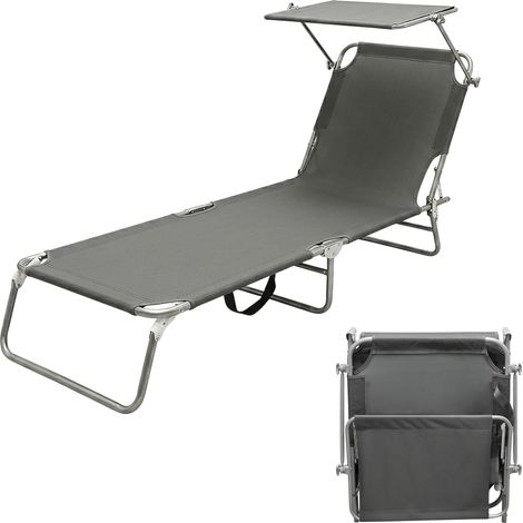 3-Bein Gartenliege klappbar mit Sonnendach - dunkelgrau - Relax Sonnenliege mit 4-fach verstellbarem Rückenteil - Liege für Camping Garten Pool Spa Wellness