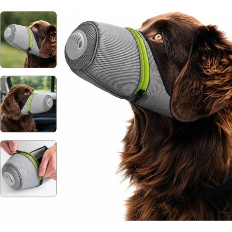 Masque filtrant pour chien anti-fumée et anti-poussière, en tissu respirant gris lavable et réutilisable, sangle réglable au cou, ventilation latérale, tour de tête 26 cm et longueur de museau 9 cm (1/4)