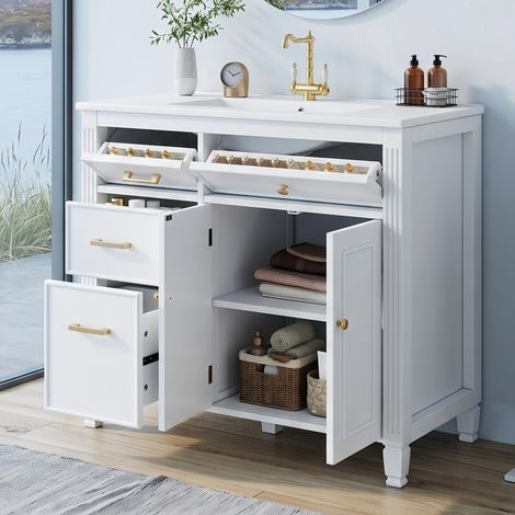 Meuble sous vasque sur pied 91 cm avec vasque céramique Blanc - meuble de salle de bain rangement tiroirs - moderne chic (1/5)