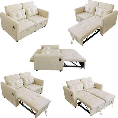 Canapé loveseat moderne, canapé-lit 3-en-1 avec dossier réglable, USB, poches sur accoudoirs et coussins. Convient au salon, à la chambre, à l'appartement, etc. (1/5)
