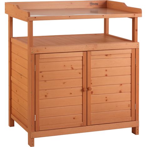 Outsunny Multi-function Potting Bench Table w/ Storage Cabinet and Galvanized Table Top, Wooden Planting Workstation, 98cm x 47cm x 105cm