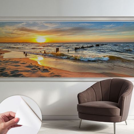 Papier peint adhésif autocollant pour salon chambre à coucher peint imprimé Installation facile Coucher de soleil sur la plage 250x104 cm (1/5)