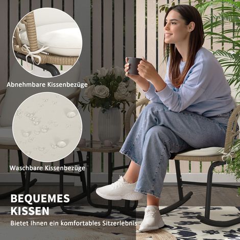 Ensemble de 2 fauteuils à bascule bistro bohème en rotin synthétique résistant aux intempéries, couleur crème (1/4)
