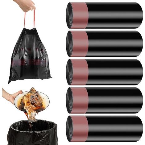 Lot de 100 sacs poubelle de 40 l avec cordon de serrage (60 x 75 cm), noirs, indéchirables et denses, biodégradables, extra solides, pour salle de bain, cuisine, bureau (1/5)