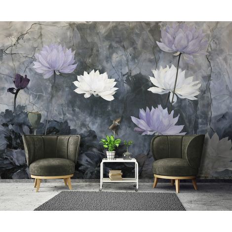 Papier peint panoramique fleurs de lotus vintage grises pour salon et chambre 254x184  cm (1/5)