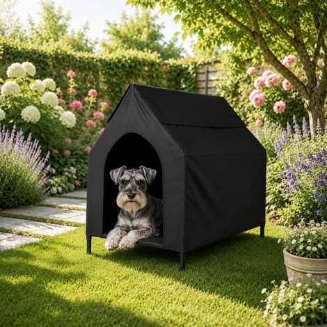 belviona Hundeliege mit Dach, erhöhtes Hundebett für Garten, Terrasse und Balkon, wasserabweisend & belastbar bis 40 kg, 90x65x85 cm, schwarz (1/4)