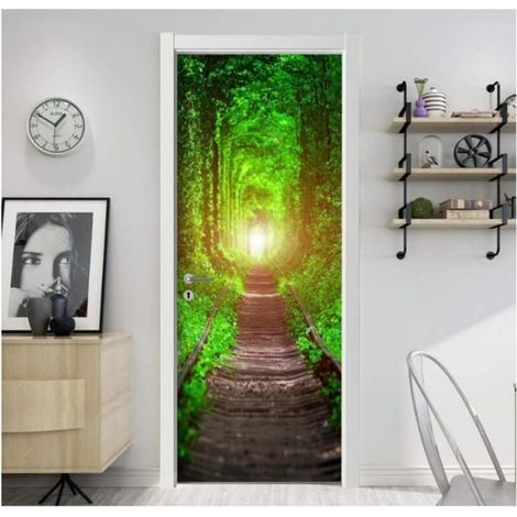 Adesivo fotografico per porta – Paesaggio verde 3D, carta da parati ferroviaria, adesivo trompe-l'œil per la decorazione della porta (1/4)