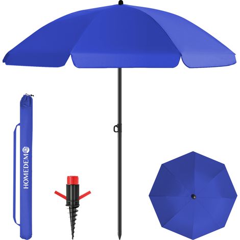 HOMEDEMO Parasol Plage Inclinable avec Revêtement Argenté, UV50+, avec Pieds de Parasol de Plage à hélice à Visser & Housse de Protection, pour Terrasse, Piscine, Marché, 180cm, Bleu