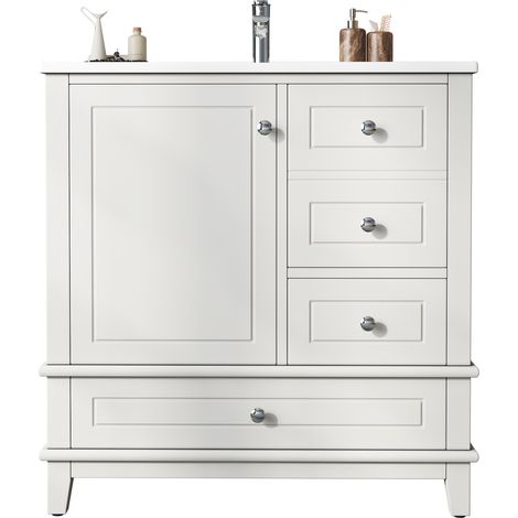 Meuble de salle de bain avec vasque en céramique Blanc,Meuble vasque 81cm avec 1 porte et 3 tiroirs,Soft-close (1/5)