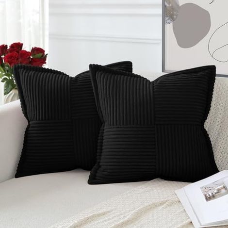 Set di 2 federe per cuscini in velluto a coste boho, a incrocio, in morbido velluto, per casa, soggiorno, camera da letto, decorative, nere, 40 x 40 cm (1/5)