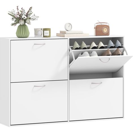 Homcom armoire à chaussures meuble à chaussures grande taille dim. 120l x 24l x 81h cm 4 portes abattantes double niveau en bois blanc