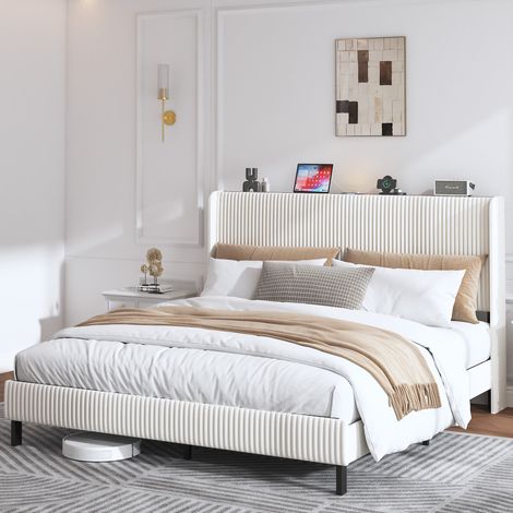Lit 180x200 cm beige et crème avec tête de lit capitonnée, en métal, sans matelas MEUBLIV (1/5)
