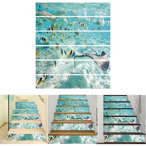 Lot de 6 stickers muraux imperméables pour sols et escaliers, motif monde sous-marin, décoration pour salle de bain et cuisine. (1/4)