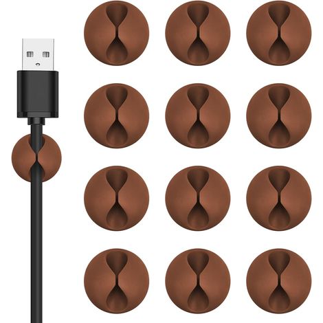 Attaches-câbles, lot de 12, adhésif couleur café, pour organiser et gérer les câbles de votre table de chevet, bureau ou souris. (1/5)