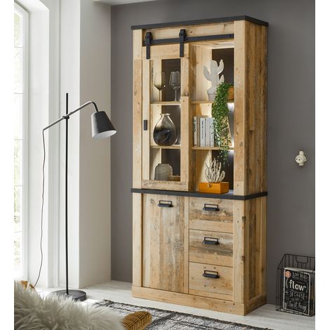 Vitrine inkl. Beleuchtung SHELTON-61 in Old Style hell Nb. mit anthrazit, B/H/T: ca. 93/201/38 cm (1/5)