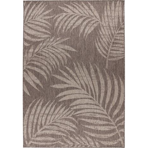 Tapis taupe plat motif palmes résistant et lavable - 110 x 60 cm (1/5)
