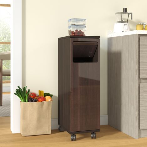 Meuble poubelle 24,2x35,1x80,2 cm avec roulettes, porte magnétique à ouverture 180°, support sac intégré en MDF finition noyer brillant - Marron (1/5)